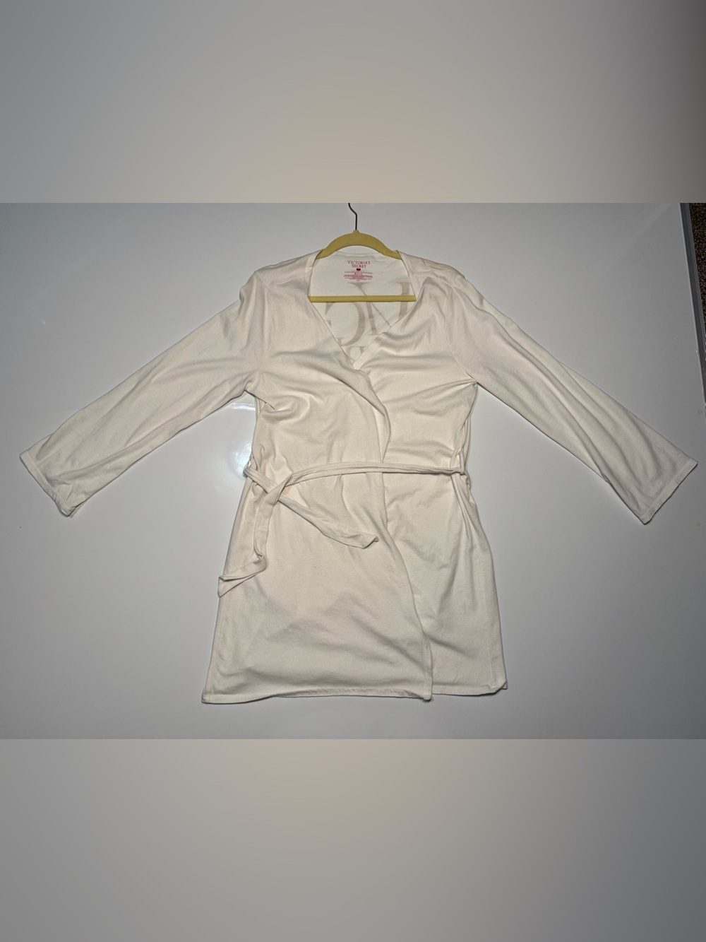 Victoria's Secret White Wrap Robe Gold Logo Lounge Tie Waist Lightweight Sz Lg
